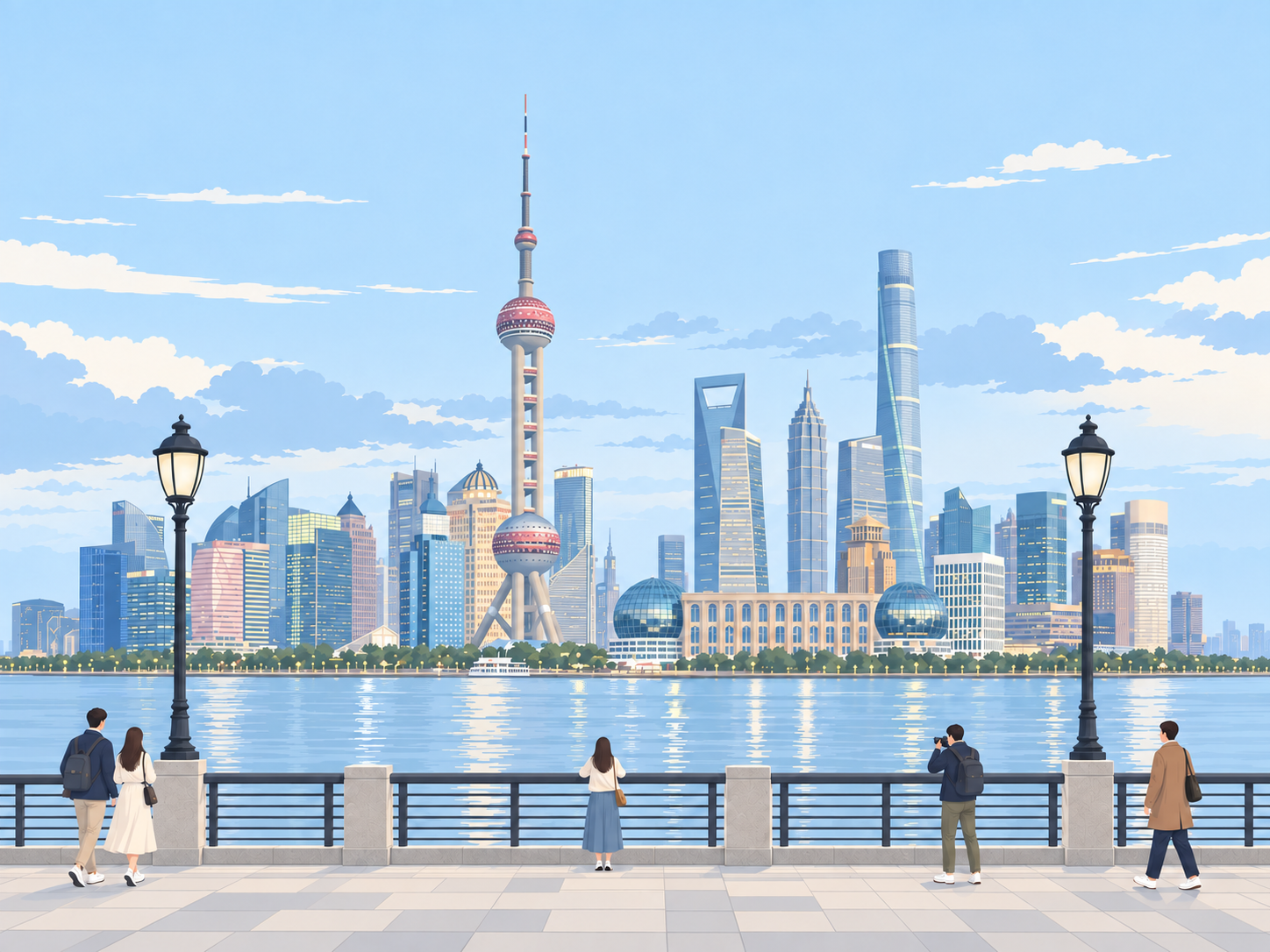 陆家嘴江景与轮船的分层插画