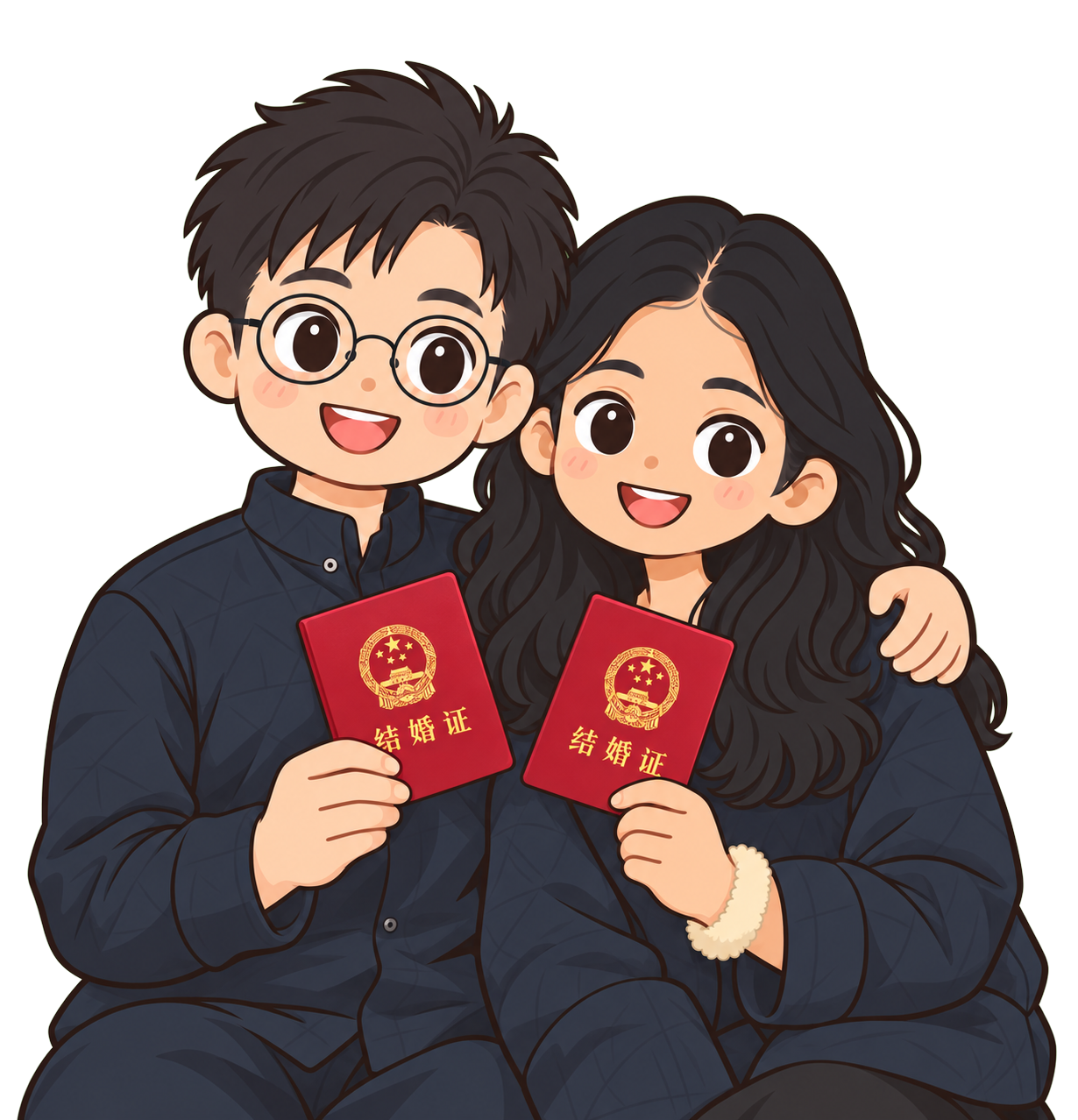 两人展示结婚证的纪念插画