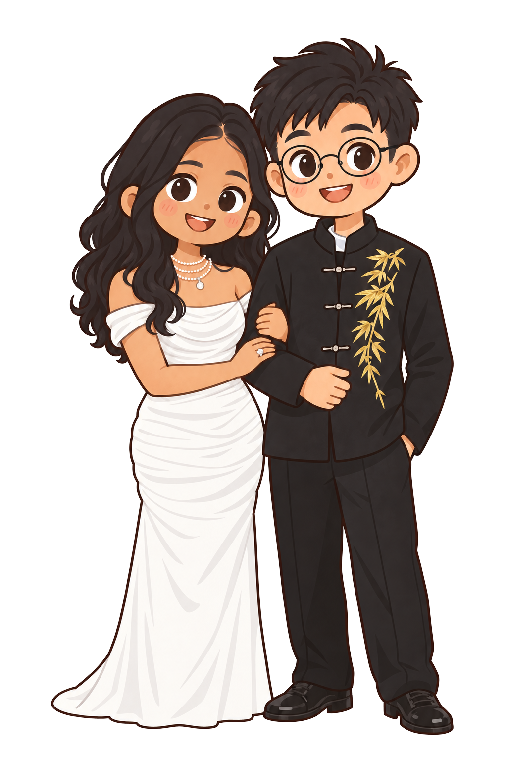 身穿白色婚纱与黑金礼服、挽手站在一起的双人婚礼插画